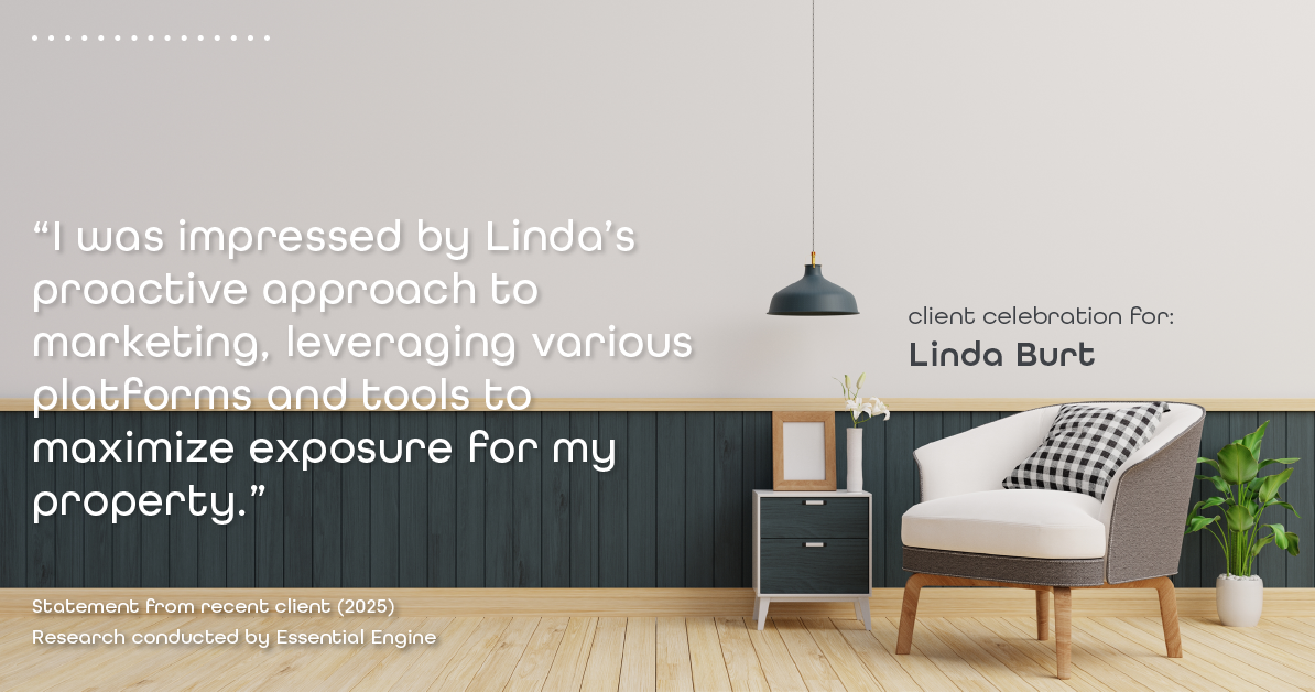 Testimonial for real estate agent Linda Burt with Top Hat Realty Group, LLC in North Richland Hills, TX: "I was impressed by Linda's proactive approach to marketing, leveraging various platforms and tools to maximize exposure for my property."