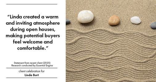 Testimonial for real estate agent Linda Burt with Top Hat Realty Group, LLC in North Richland Hills, TX: "Linda created a warm and inviting atmosphere during open houses, making potential buyers feel welcome and comfortable."