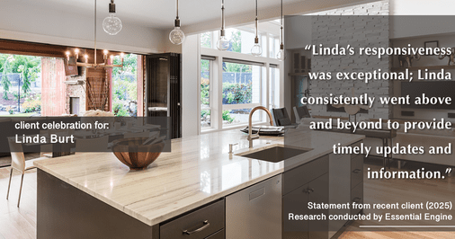 Testimonial for real estate agent Linda Burt with Top Hat Realty Group, LLC in North Richland Hills, TX: "Linda's responsiveness was exceptional; Linda consistently went above and beyond to provide timely updates and information."