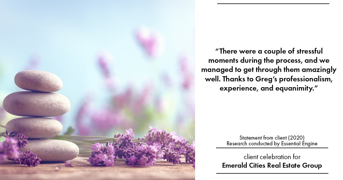 Testimonial for real estate agent Emerald Cities Real Estate Group with Keller Williams Realty in Dallas, TX: “There were a couple of stressful moments during the process, and we managed to get through them amazingly well. Thanks to Greg's professionalism, experience, and equanimity.”