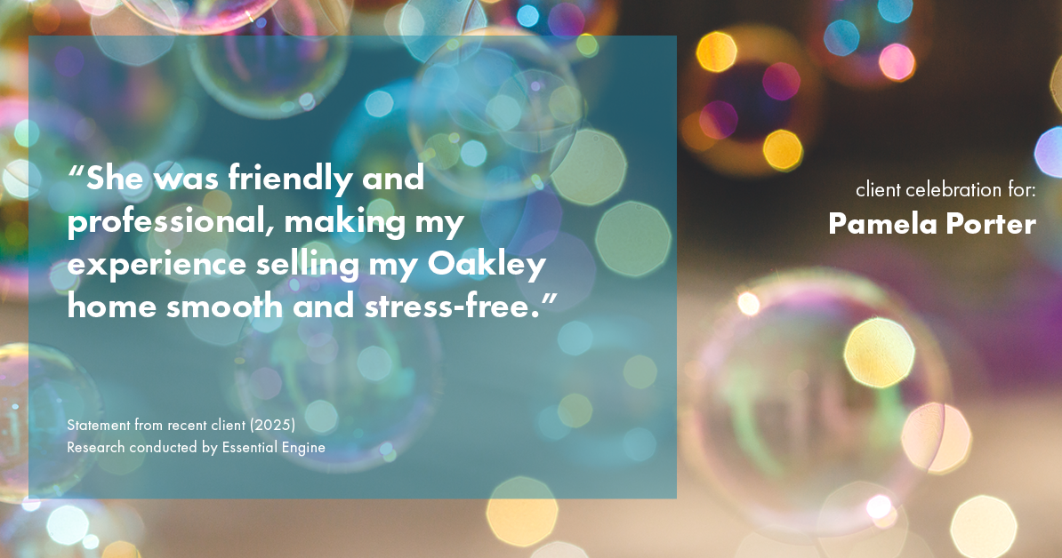 Testimonial for real estate agent Pamela Porter with eXp Realty LLC in Cincinnati, OH: "She was friendly and professional, making my experience selling my Oakley home smooth and stress-free."