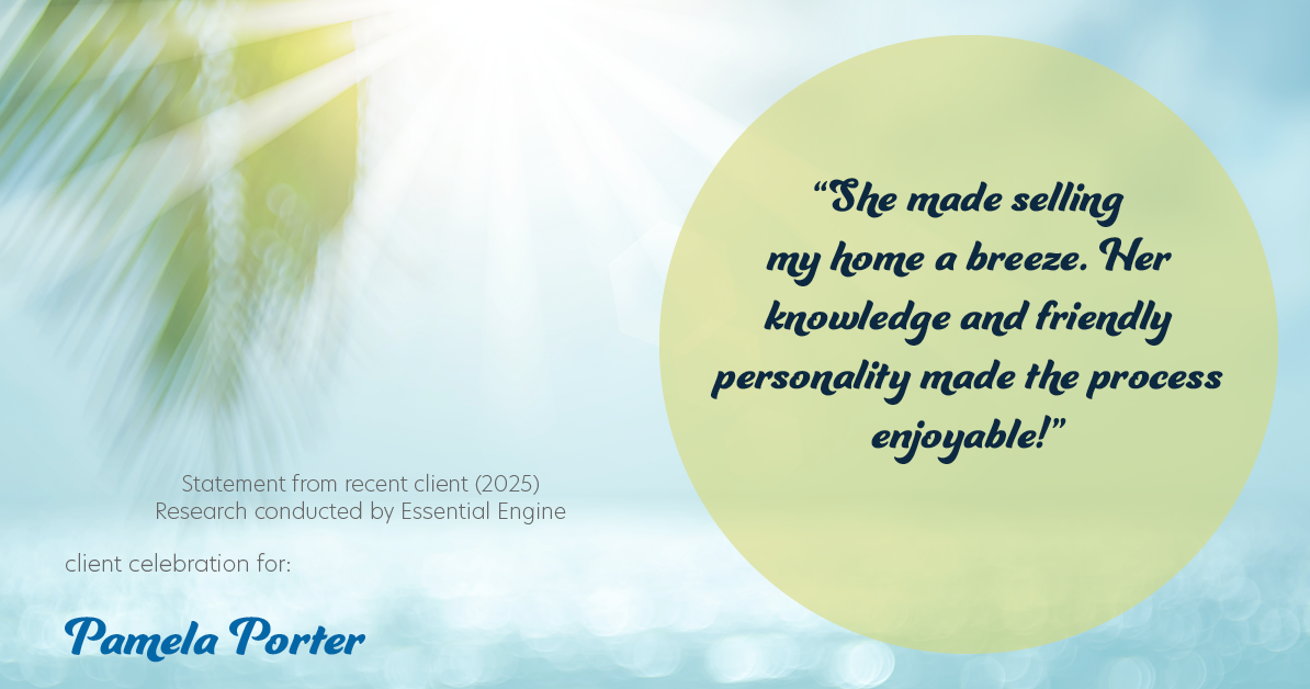 Testimonial for real estate agent Pamela Porter with eXp Realty LLC in Cincinnati, OH: "She made selling my home a breeze. Her knowledge and friendly personality made the process enjoyable!"