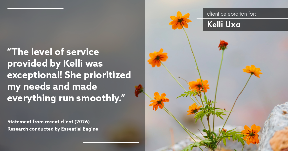 Testimonial for real estate agent Kelli Uxa in St. Louis, MO: "The level of service provided by Kelli was exceptional! She prioritized my needs and made everything run smoothly."