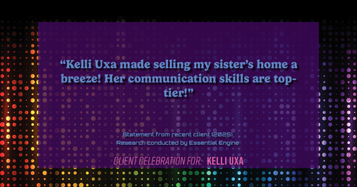 Testimonial for real estate agent Kelli Uxa in St. Louis, MO: "Kelli Uxa made selling my sister's home a breeze! Her communication skills are top-tier!"