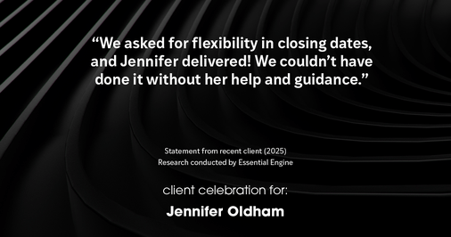 Testimonial for real estate agent Jennifer Oldham with Coldwell Banker Realty in Englewood, CO: "We asked for flexibility in closing dates, and Jennifer delivered! We couldn't have done it without her help and guidance."
