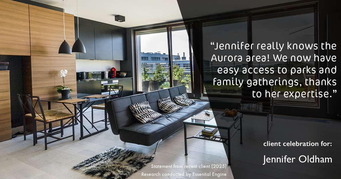 Testimonial for real estate agent Jennifer Oldham with Coldwell Banker Realty in Englewood, CO: "Jennifer really knows the Aurora area! We now have easy access to parks and family gatherings, thanks to her expertise."