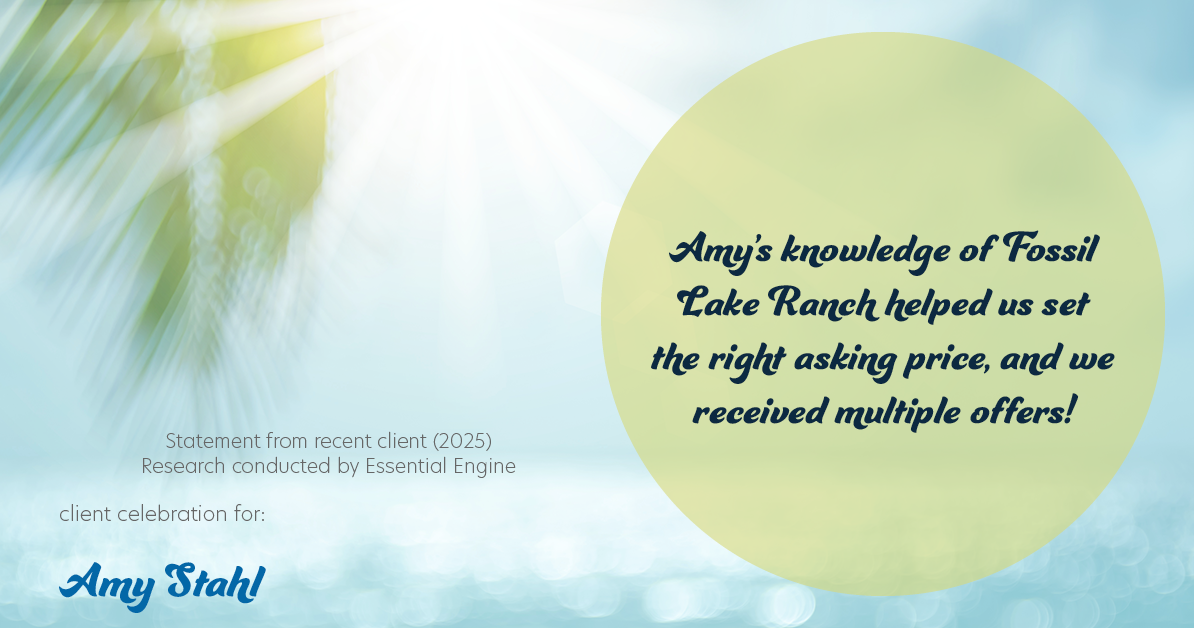 Testimonial for real estate agent Amy Stahl with C3 Real Estate Solutions in Fort Collins, CO: Amy's knowledge of Fossil Lake Ranch helped us set the right asking price, and we received multiple offers!
