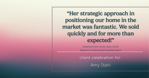 Testimonial for real estate agent Amy Stahl with C3 Real Estate Solutions in Fort Collins, CO: "Her strategic approach in positioning our home in the market was fantastic. We sold quickly and for more than expected!"