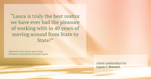 Testimonial for real estate agent Laura C Stewart with HomeSmart in Greenwood Village, CO: "Laura is truly the best realtor we have ever had the pleasure of working with in 40 years of moving around from State to State!"