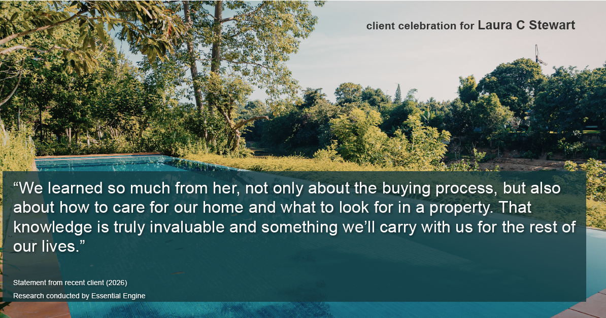 Testimonial for real estate agent Laura C Stewart with HomeSmart in Greenwood Village, CO: "We learned so much from her, not only about the buying process, but also about how to care for our home and what to look for in a property. That knowledge is truly invaluable and something we’ll carry with us for the rest of our lives."