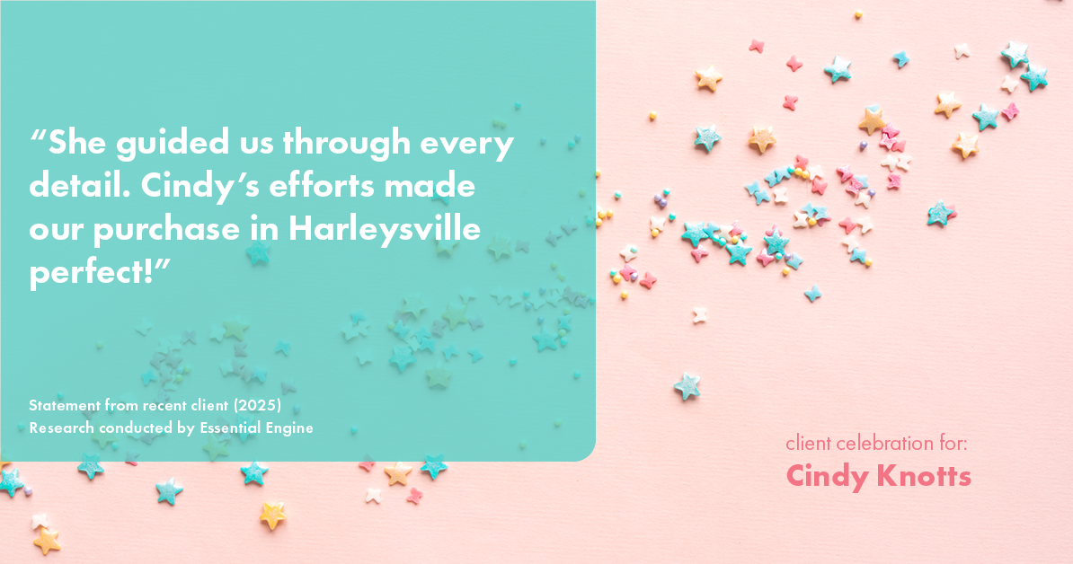 Testimonial for real estate agent Cindy Knotts with Berkshire Hathaway HomeServices Fox & Roach Realtors in Doylestown, PA: "She guided us through every detail. Cindy's efforts made our purchase in Harleysville perfect!"