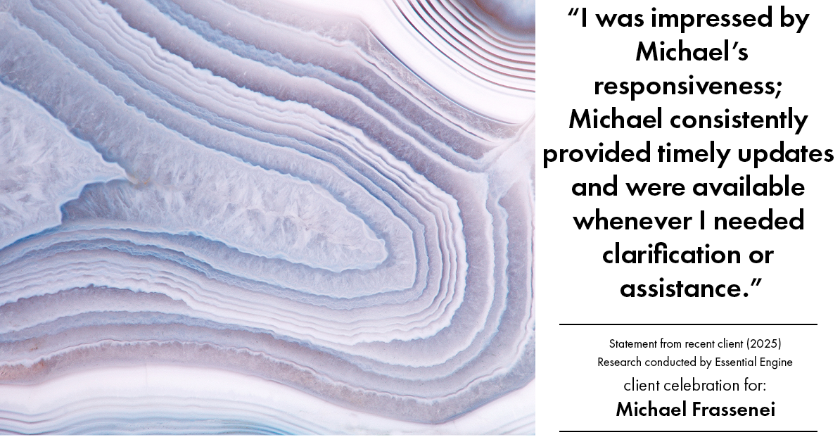 Testimonial for mortgage professional Michael Frassenei with Concord Mortgage Brokers in Chadds Ford, PA: "I was impressed by Michael's responsiveness; Michael consistently provided timely updates and were available whenever I needed clarification or assistance."