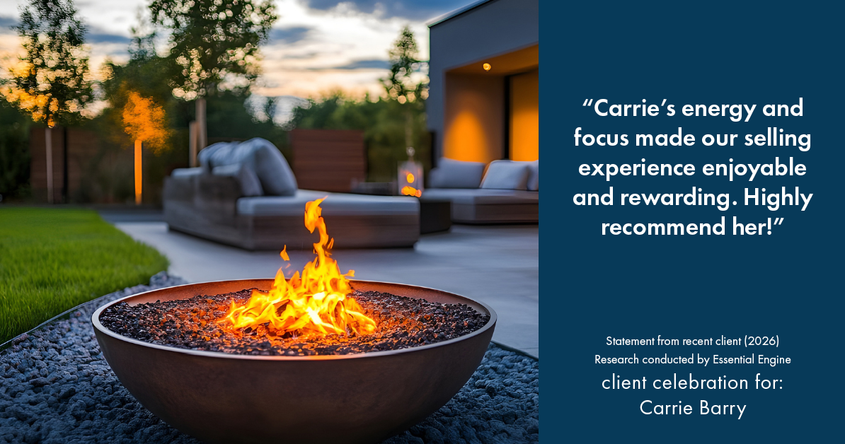 Testimonial for real estate agent Carrie Barry in Danbury, CT: "Carrie's energy and focus made our selling experience enjoyable and rewarding. Highly recommend her!"