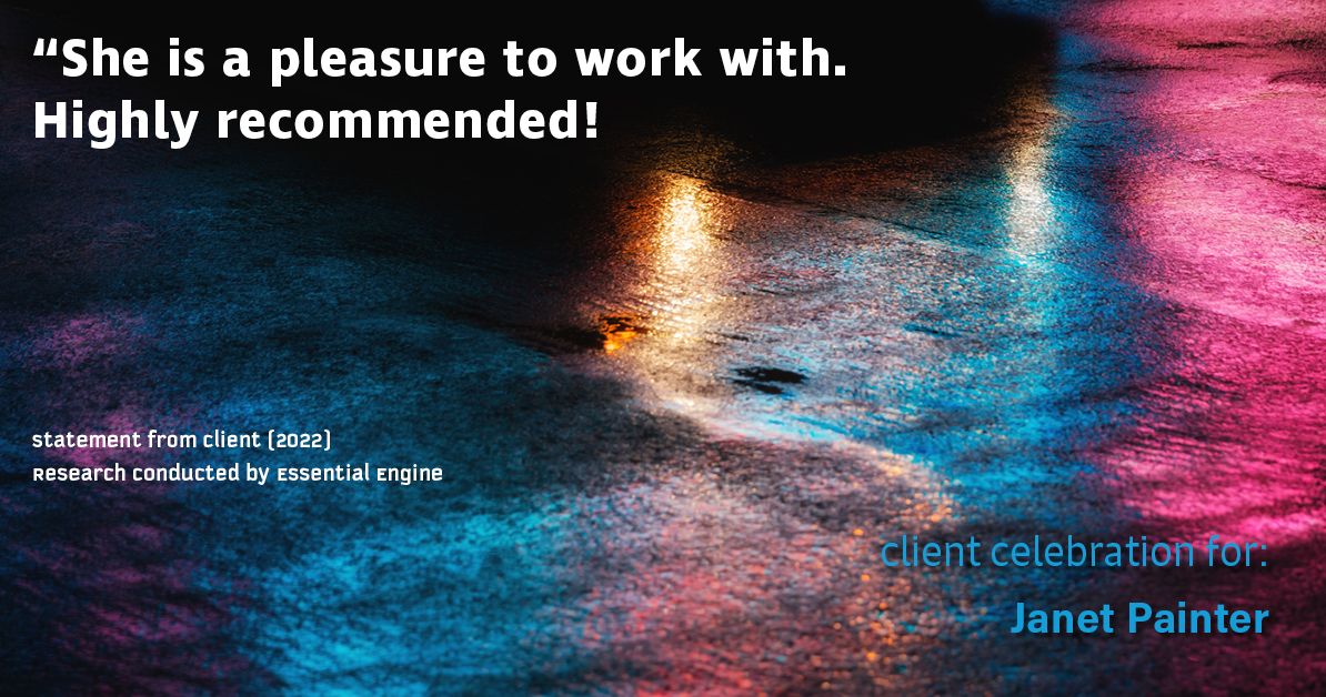 Testimonial for real estate agent Janet Painter with Coldwell Banker Realty in Short Hills, NJ: “She is a pleasure to work with. Highly recommended!