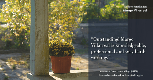 Testimonial for real estate agent Margo Villarreal with Keller Williams Heritage in San Antonio, TX: "Outstanding! Margo Villarreal is knowledgeable, professional and very hard-working."