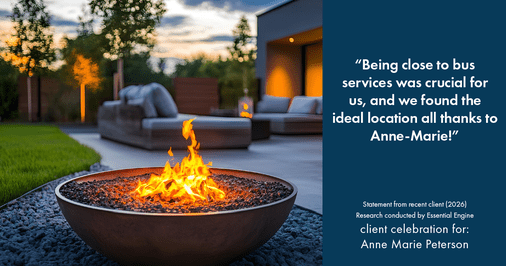 Testimonial for real estate agent Anne Marie Peterson with Compass in Seattle, WA: "Being close to bus services was crucial for us, and we found the ideal location all thanks to Anne-Marie!"