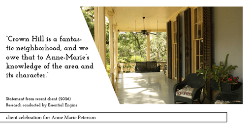 Testimonial for real estate agent Anne Marie Peterson with Compass in Seattle, WA: "Crown Hill is a fantastic neighborhood, and we owe that to Anne-Marie's knowledge of the area and its character."