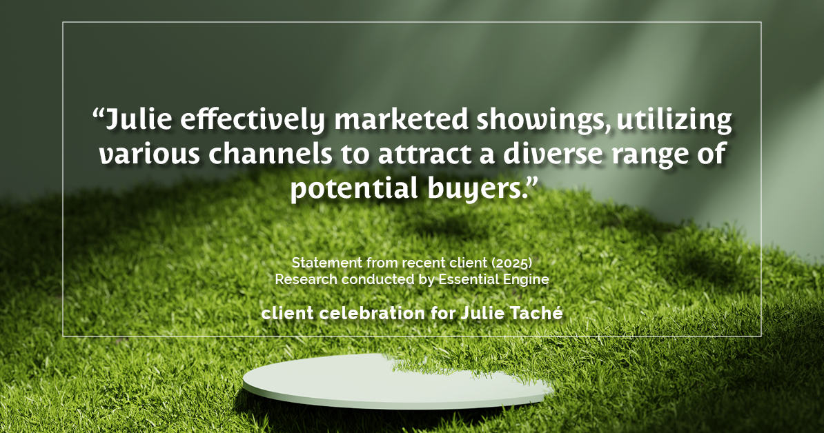 Testimonial for real estate agent Julie Tache with Homes With Cachet in Charlotte, NC: "Julie effectively marketed showings, utilizing various channels to attract a diverse range of potential buyers."