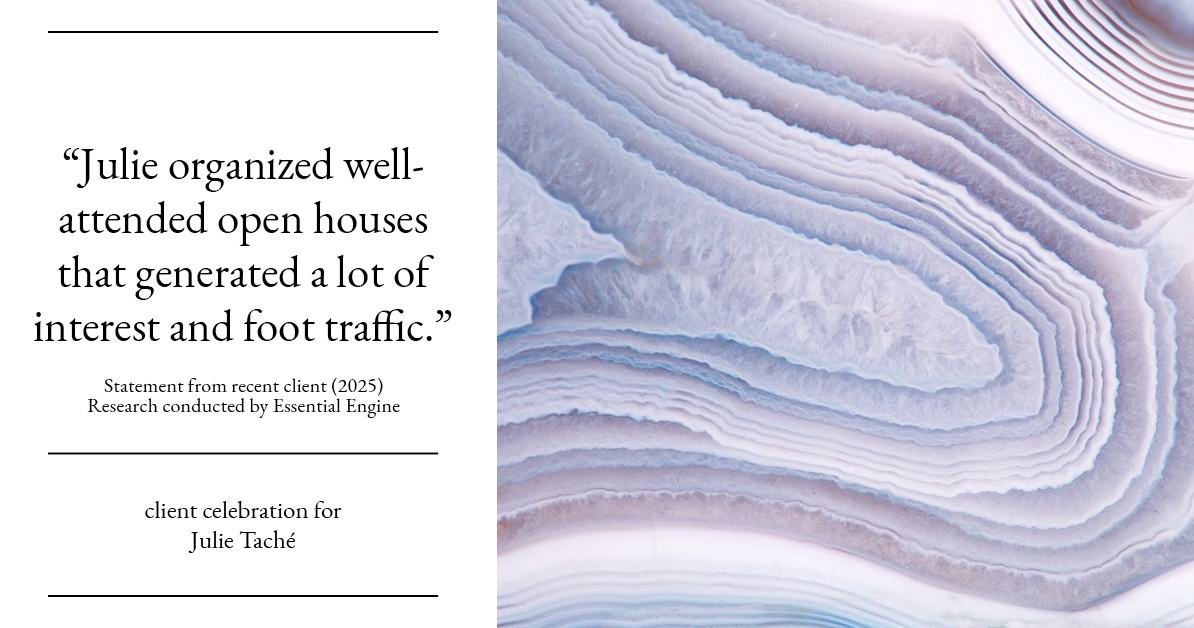 Testimonial for real estate agent Julie Tache with Homes With Cachet in Charlotte, NC: "Julie organized well-attended open houses that generated a lot of interest and foot traffic."