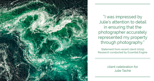 Testimonial for real estate agent Julie Tache with Homes With Cachet in Charlotte, NC: "I was impressed by Julie's attention to detail in ensuring that the photographer accurately represented my property through photography."